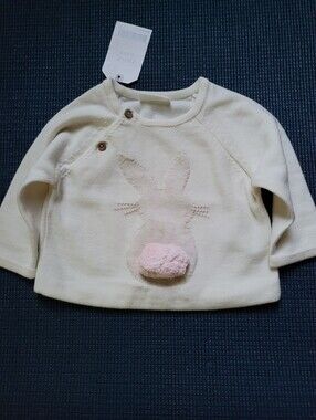 next baby Cream Bunny Pullover Sweater with Pink Pom Tail  Up to 1 mth NWT